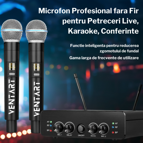 Set 2 Microfoane Wireless Profesionale, VENTART, fara fir UHF, cu Receiver, Omnidirectionale, Portabile, pentru Karaoke, Conferinte, Evenimente, Negre [2]