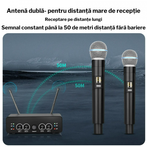 Set 2 Microfoane Wireless Profesionale, VENTART, fara fir UHF, cu Receiver, Omnidirectionale, Portabile, pentru Karaoke, Conferinte, Evenimente, Negre [3]