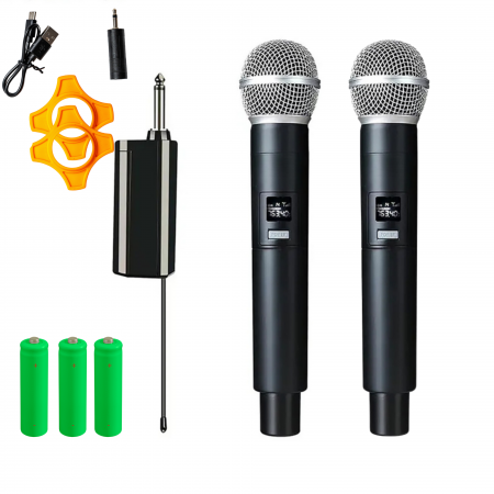 Instrumente - Set 2 Microfoane Wireless VENTART, cu Receiver Jack 6, 35mm, Baterie reincarcabila, UHF, Plug and Play, Karaoke