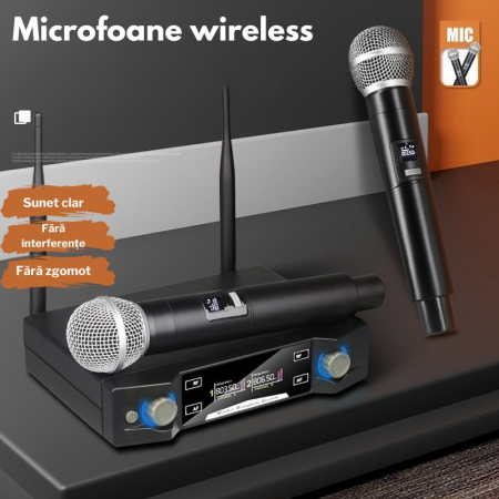 Set 2 Microfoane Wireless VENTART, UHF, Receiver cu Display, Omnidirectionale, Portabile, pentru Karaoke, Conferinte, Evenimente, Gri [3]