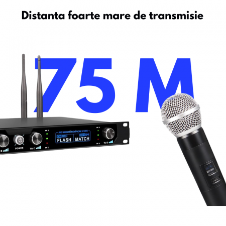 Set 4 Microfoane Profesionale VENTART, Montare Rack, Wireless, Antena pentru Distante lungi, UHF, cu Receiver, Omnidirectionale, Portabile, pentru Karaoke, Conferinte, Evenimente, Negre [7]