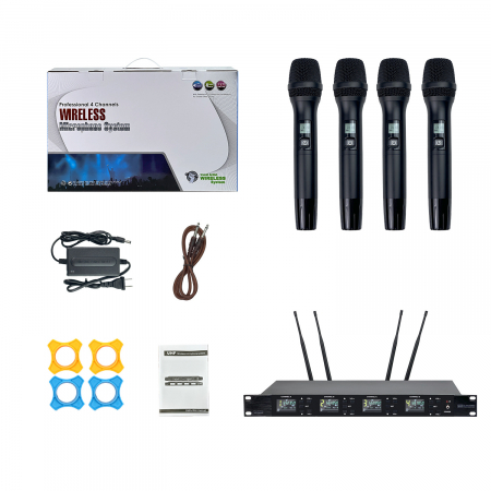 Set 4 Microfoane Wireless VENTART Pro, fara fir UHF, cu Receiver, montare Rack, Omnidirectionale, Captare 300m, pentru Karaoke, Conferinte, Evenimente, Negre [4]