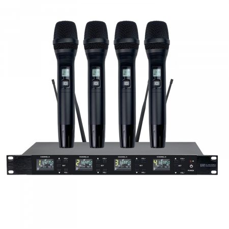Voce - Set 4 Microfoane Wireless VENTART Pro, fara fir UHF, cu Receiver, montare Rack, Omnidirectionale, Captare 300m, pentru Karaoke, Conferinte, Evenimente, Negre