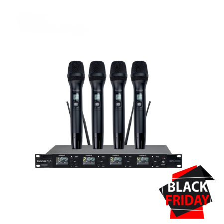 Microfoane - Set 4 Microfoane Wireless VENTART Pro, fara fir UHF, cu Receiver, montare Rack, Omnidirectionale, Captare 300m, pentru Karaoke, Conferinte, Evenimente, Negre