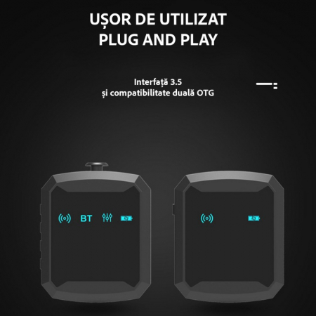 Set Microfon Lavaliera VENTART, Wireless, Emitator si Receptor, compatibil cu iOS, Android, Camere de filmat, Bluetooth, pentru Interviuri, Vlogging, Live-uri, Negru [4]