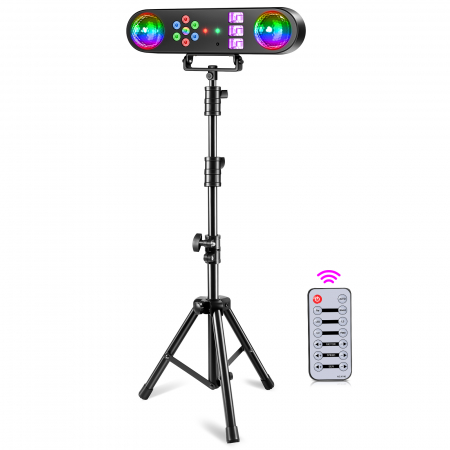 Lumini pentru scenă - Sistem de Lumini Mobil VENTART pentru Scena, cu Laser, Stroboscop si 2 Globuri Disco, Control cu Telecomanda, 30W, LED, pentru DJ, Show-uri, Concerte, Petreceri, Negru