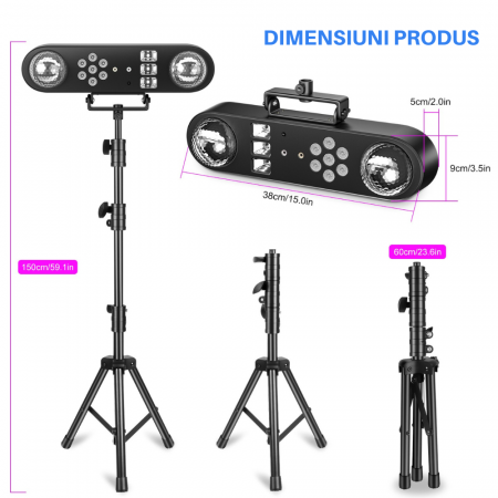 Sistem de Lumini Mobil VENTART pentru Scena, cu Laser, Stroboscop si 2 Globuri Disco, Control cu Telecomanda, 30W, LED, pentru DJ, Show-uri, Concerte, Petreceri, Negru [3]