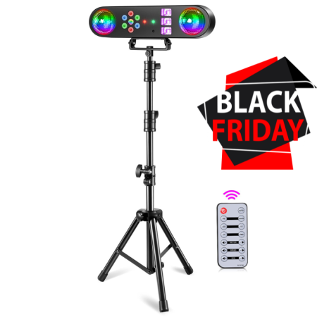 Lumini pentru scenă - Sistem de Lumini Mobil VENTART pentru Scena, cu Laser, Stroboscop si 2 Globuri Disco, Control cu Telecomanda, 30W, LED, pentru DJ, Show-uri, Concerte, Petreceri, Negru