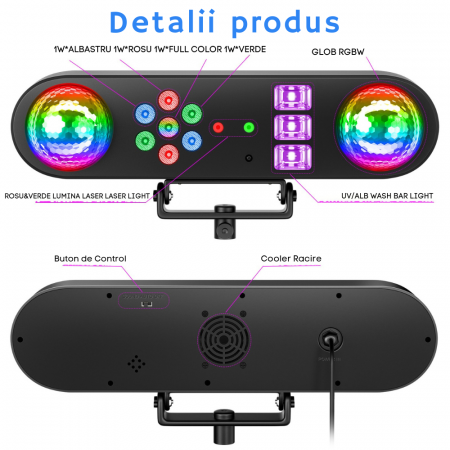 Sistem de Lumini Mobil VENTART pentru Scena, cu Laser, Stroboscop si 2 Globuri Disco, Control cu Telecomanda, 30W, LED, pentru DJ, Show-uri, Concerte, Petreceri, Negru [4]