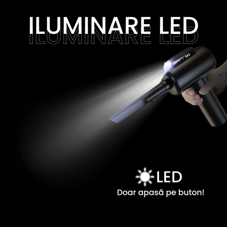 Suflanta aer VENTART, 4 in 1, pentru Indepartare praf, Aspirare PC, Umflare si Vidare, curatare Tastatura, Gratar, canapea 100000 RPM, 14 tipuri de Accesorii, Lanterna LED, Afisaj LED, fara Fir, Negru [1]