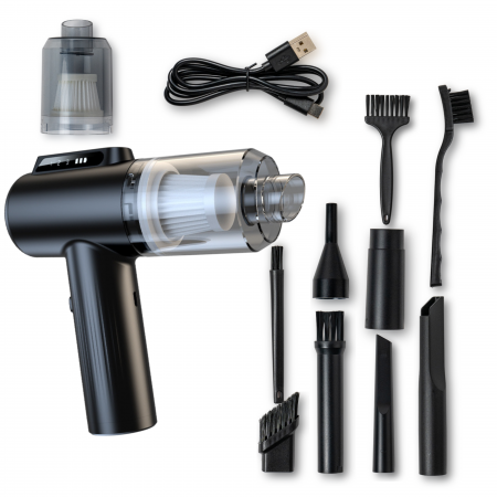 HOME - Suflanta aer VENTART, 4 in 1, pentru Indepartare praf, Aspirare PC, Umflare si Vidare, curatare Tastatura, Gratar, canapea 100000 RPM, 14 tipuri de Accesorii, Lanterna LED, Afisaj LED, fara Fir, Negru