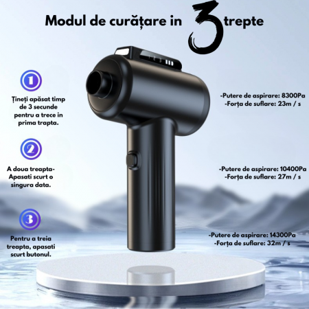 Suflanta aer VENTART, 4 in 1, pentru Indepartare praf, Aspirare PC, Umflare si Vidare, curatare Tastatura, Gratar, canapea 100000 RPM, 14 tipuri de Accesorii, Lanterna LED, Afisaj LED, fara Fir, Negru [5]