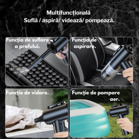 Suflanta aer VENTART, 4 in 1, pentru Indepartare praf, Aspirare PC, Umflare si Vidare, curatare Tastatura, Gratar, canapea 100000 RPM, 14 tipuri de Accesorii, Lanterna LED, Afisaj LED, fara Fir, Negru [7]