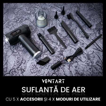 Suflanta aer VENTART, pentru Indepartare praf si Aspirare PC, Par de animale, Tastatura, Gratar, Canapea, 50000 RPM, 7 tipuri de Duze, Lanterna LED, Afisaj LED, fara Fir, Negru [2]