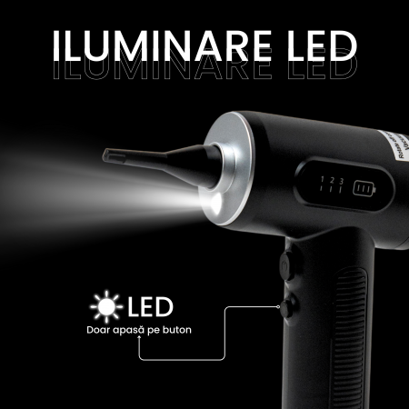 Suflanta aer VENTART, pentru Indepartare praf si Aspirare PC, Par de animale, Tastatura, Gratar, Canapea, 50000 RPM, 7 tipuri de Duze, Lanterna LED, Afisaj LED, fara Fir, Negru [5]