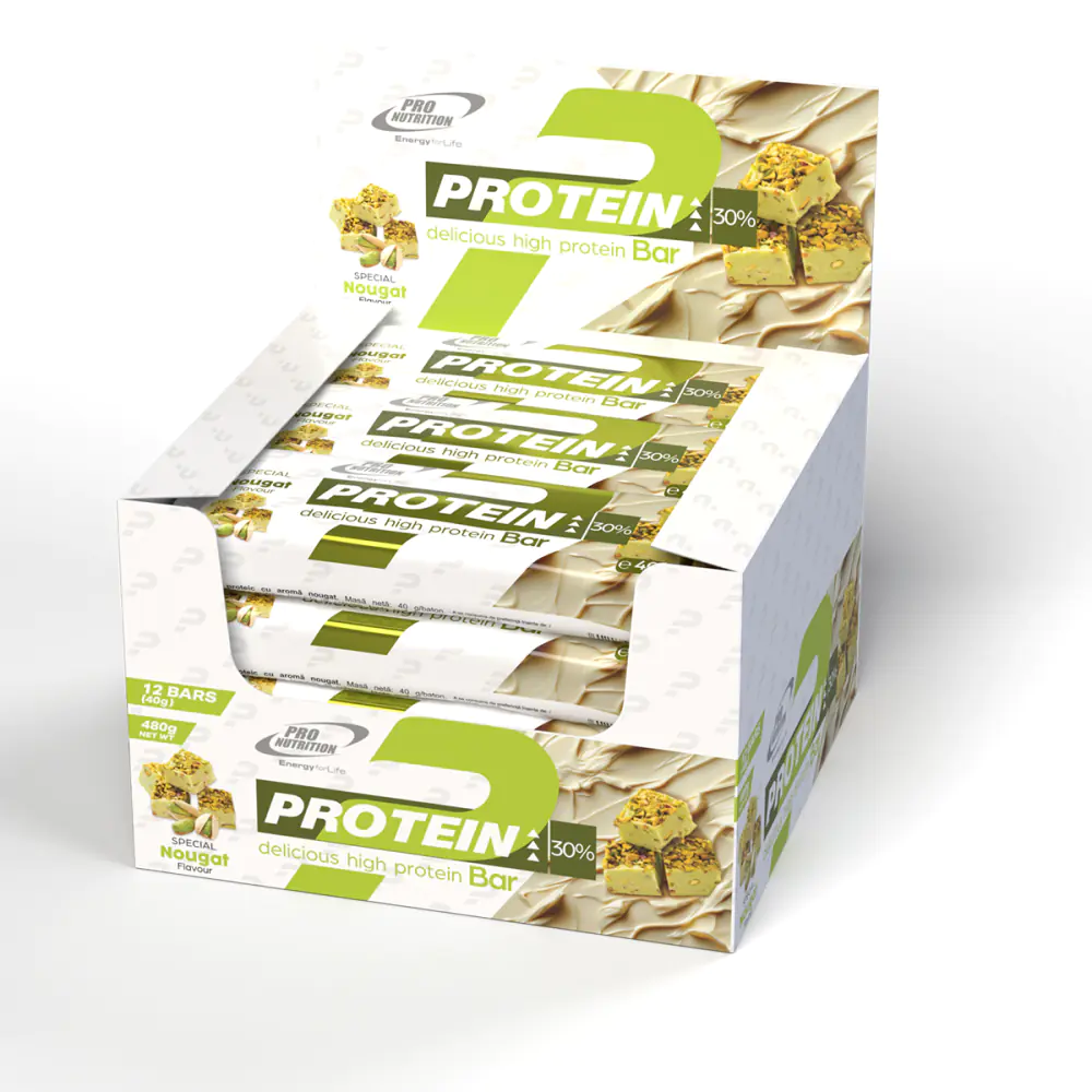 12 batoane proteice cu gust intens de nougat și fistic, acoperite cu ciocolată albă belgiană fină [1]