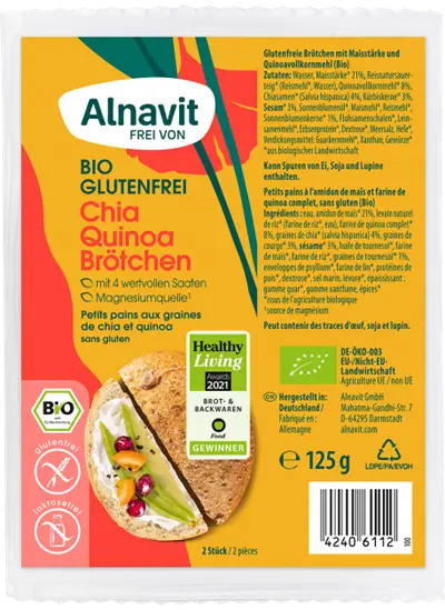 Chifle cu chia si quinoa fara gluten, precoapte, bio, 125g, 2 buc., Alnavit                          [1]