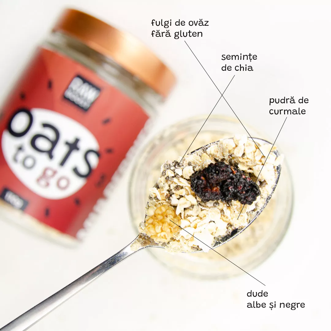 Oats To Go - Mulberries ECO (Deliciu de ovăz cu semințe de chia, pudră de curmale și dude) pentru un gust inedit și bogat în nutrienți,110g [2]