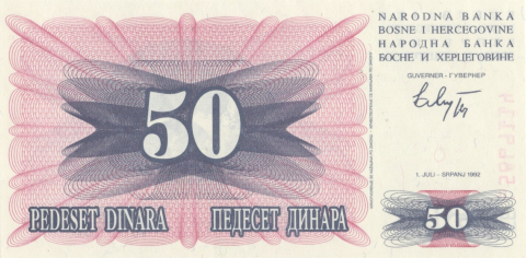BANCNOTE STRAINE - 50 DINARI 1992 BOSNIA SI HERTZEGOVINA UNC