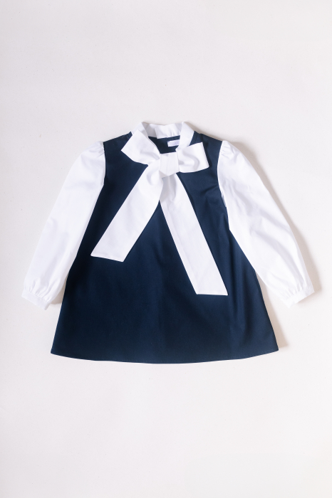 Rochie Back to School din Poplin de Bumbac Bleumarin cu Fundă și Mâneci Albe [1]