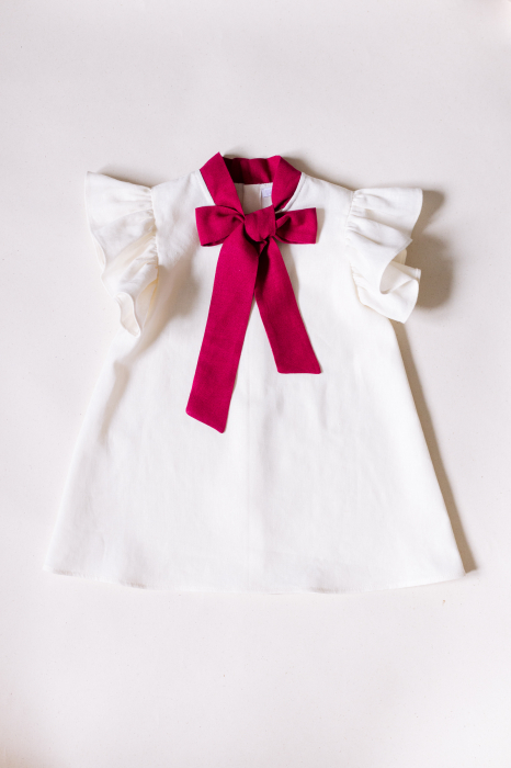 Rochie Fetite din In Ivory cu Fundă și Nasturi Fuxia [1]