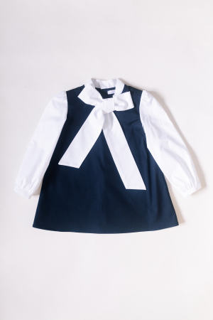 Fetite - Rochie Back to School din Poplin de Bumbac Bleumarin cu Fundă și Mâneci Albe
