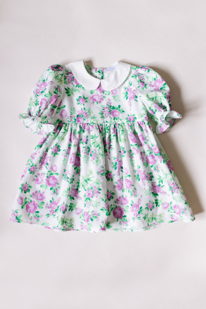 Fetite - Rochiță din Bumbac pentru Fetite cu Imprimeu Floral, Guler și Volănase