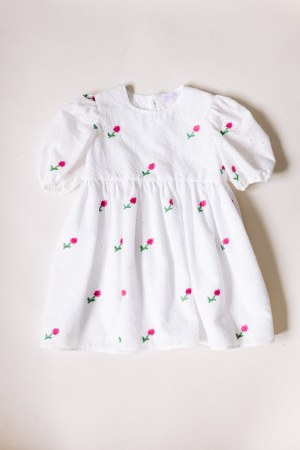 Fetite - Rochie 100% bumbac brodat flori roz