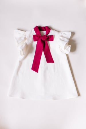 Fetite - Rochie Fetite din In Ivory cu Fundă și Nasturi Fuxia
