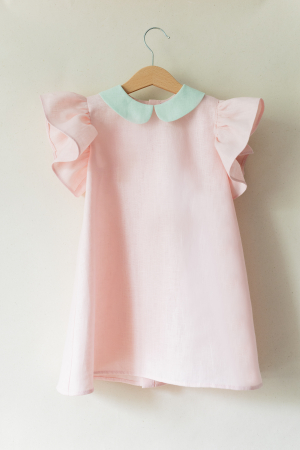 Fetite - Rochiță Fetițe din In Roz Peach cu Guler și Nasturi Verde Mint