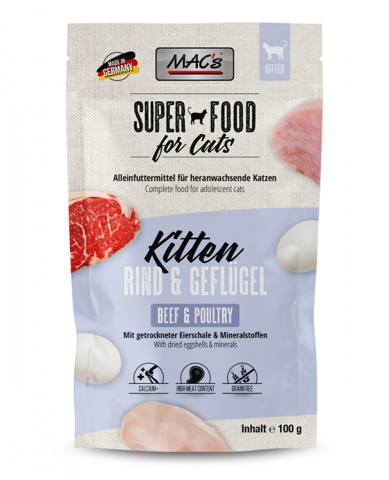 Hrana completa , umeda , Ultra Premium pentru pisici junioare (kitten ) cu 99% carne de vita si pasare . MAC's Cat Pouch Kitten with Beef & Poultry 100g [1]