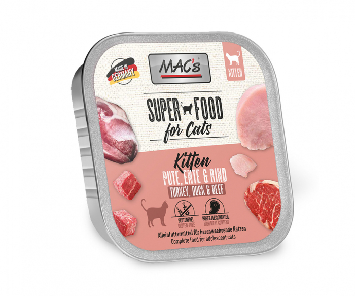 Hrana completa , umeda , Ultra Premium pentru pisici kitten cu 97% carne de curcan, vita si rata . Macs cat  kitten tourkey , duck & beef 100g [1]