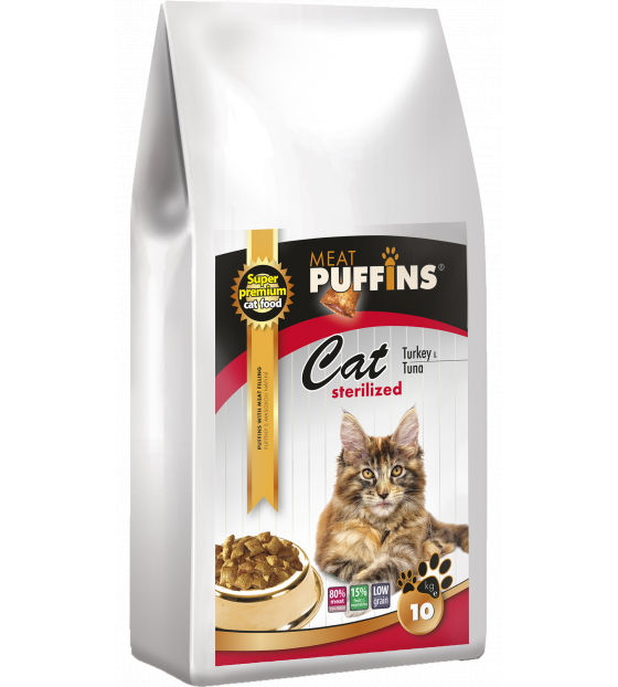 Hrana uscata Super Premium pentru pisici Sterilizate cu pernute umplute cu carne de Curcan , Ton & miel 10 kg Puffins Cat Sterilised Turkey ,& Tuna 10 kg [1]