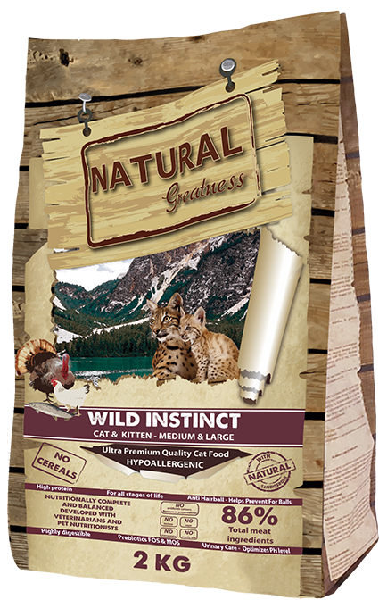 Hrana Ultra Premium completa pentru pisici de toate varstele , rase medii si mari (Starter)  cu carne de pui, curcan si somon Natural Greatness CAT WILD INSTINCT MEDIUM – LARGE 2 kg [1]