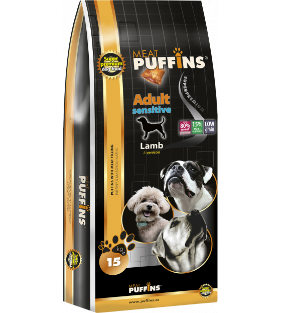 Hrana Ultra Premium pentru caini adulti cu sensibilitate digestiva cu pernute umplute cu carne de miel si caprioara Puffins Adult Medium Sensitive Lamb & Venison 15KG [1]