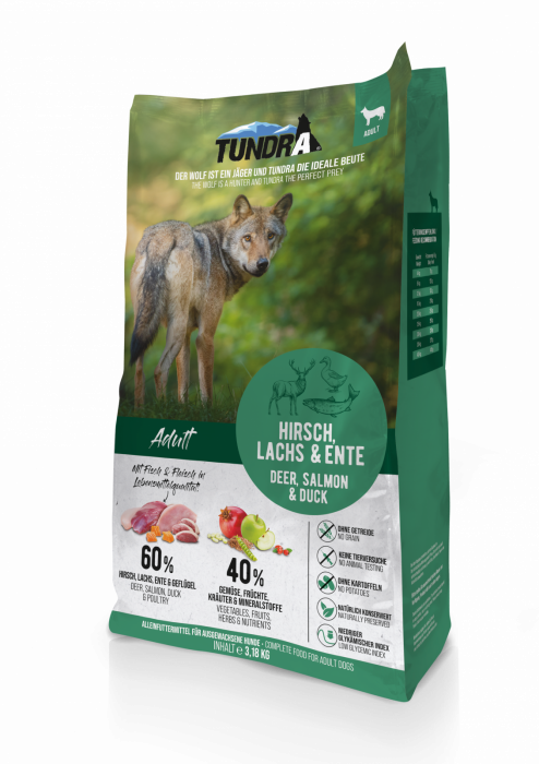 Hrana Ultra Premium , pentru caini adulti de toate rasele , fara cereale ,cu 60% carne de caprioara , somon si rata. Tundra Dog Deer , Salmon & Duck 3,18 kg [1]