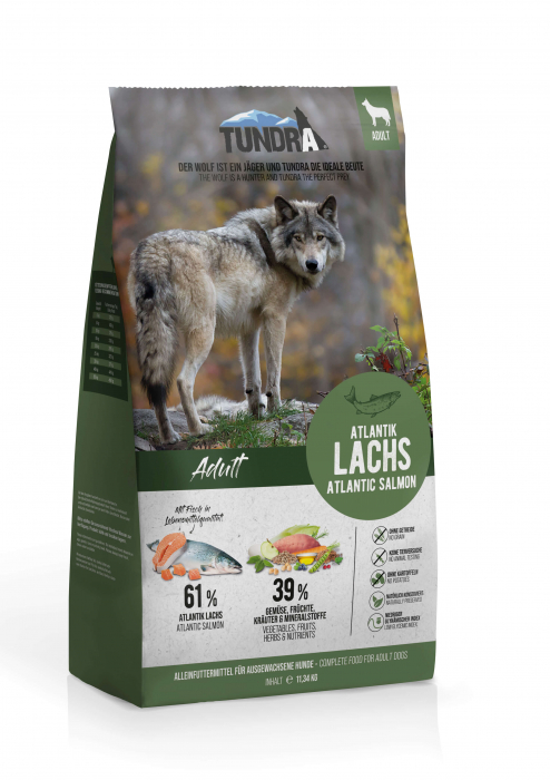 Hrana Ultra Premium ,pentru caini adulti de toate rasele cu o singura sursa de proteina ( Monoproteic ) , fara cereale ,cu 61 % carne de somon atlantic. Tundra Dog Atlantic Somon 11,34 kg [1]