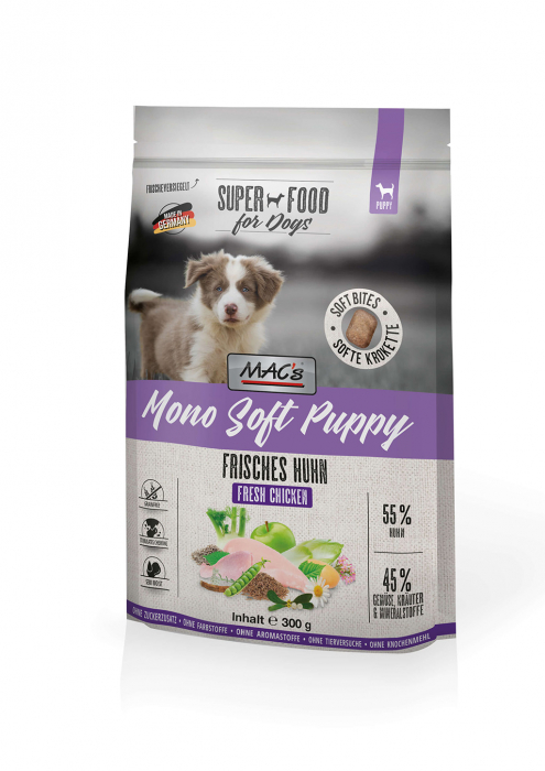 Hrana Ultra Premium, Semiumeda pentru caini juniori, cu carne de pasare proaspata (sursa unica de proteina) MACs Dog Mono Soft Puppy - Pui proaspăt 300 g [1]