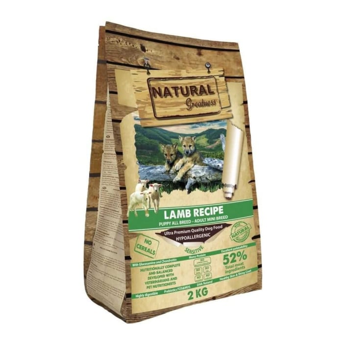 Hrana Ultrapremium,hipoalergenică,fără cereale,cu carne de miel,pentru câini adulți cu digestie sensibilă,căței,femele gestante sau care alăptează,rase mici-medii. Natural Greatness Mini lamb 2kg [2]