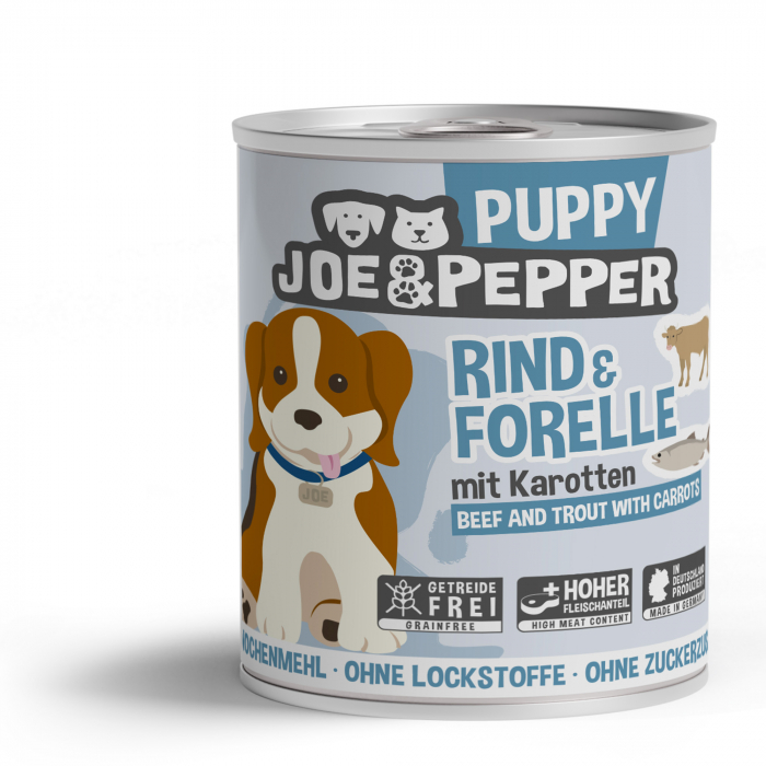 Hrana umeda Super Premium pentru catei (Puppy) cu varsta cuprinsa intre 2 - 12 luni cu carne de vită și păstrăv - Joe & Pepper 800g [1]