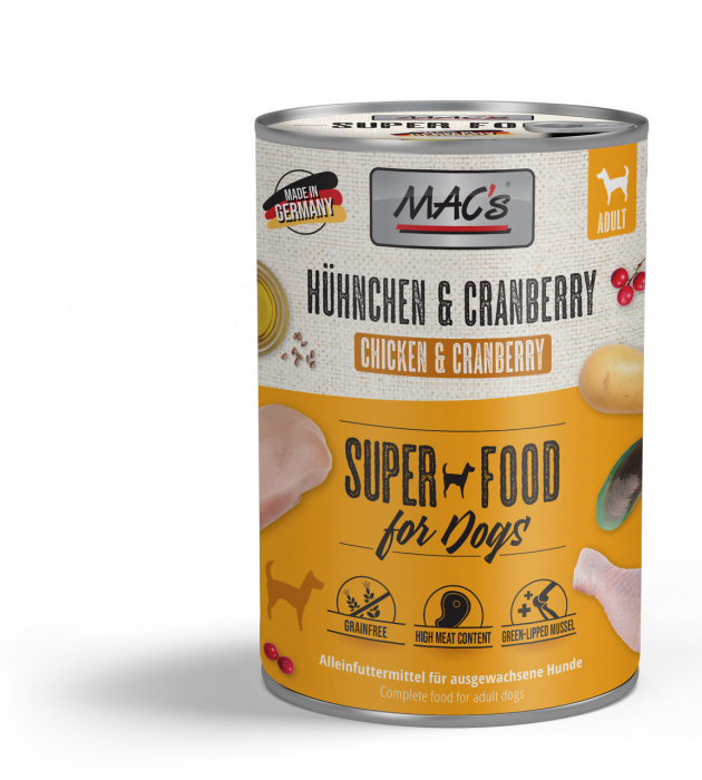 Hrana Umeda Ultra Premium pentru caini cu carne proaspata de pui ( minim 94 % ) , merisoare si midii cu buze verzi Mac's Dog Chicken & Cranberry 400g [1]