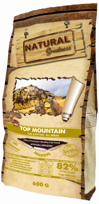 Hrana uscata Ultra Premium si Hipoalergenica pentru pisici junioare si adulte cu sensibilitate digestiva , cu carne de iepure (82%) si fara cereale Natural Greatness Cat Top Mountain Cat & Kitten 600g [2]
