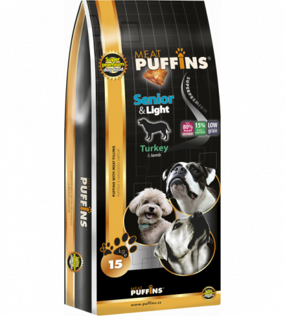 Hrana Uscata - Hrana Ultra Premium pentru caini adulti supraponderali sau seniorii de toate taliile , cu pernute umplute cu carne de  curcan , miel si ton Puffins Light & Senior, Turkey, Lamb & Tuna 15 KG