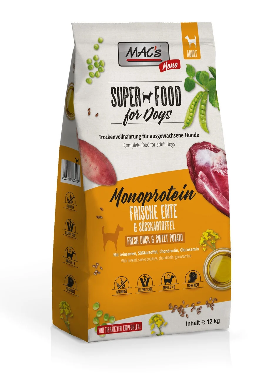 Hrana Uscata - Hrana Ultra Premium pentru caini adulti cu carne de rata ca sursa unica de proteina ( Monoproteica ) MACs Dog Mono duck proaspăt 3kg