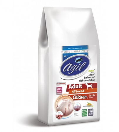 Hrana Uscata - AGIL ADULT ALL BREED DOG 10kg - Hrana Super Premium pentru caini adulti de toate rasele cu (min.70%) carne de Pui, Miel & Ton
