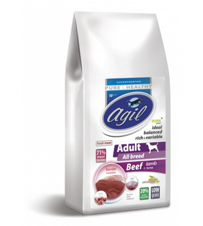 Hrana Uscata - AGIL ADULT ALL BREED DOG 10kg - Hrana Super Premium pentru caini adulti de toate rasele cu (min. 71%) carne de Vita, Miel & Ton