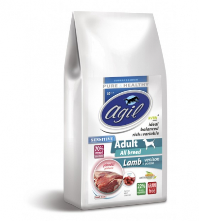 Hrana Uscata - AGIL ADULT SENSITIVE ALL BREED DOG 2kg - Hrana Super Premium pentru caini adulti de toate rasele cu sensibilitate digestiva cu (min. 70%) carne de Miel & Caprioara
