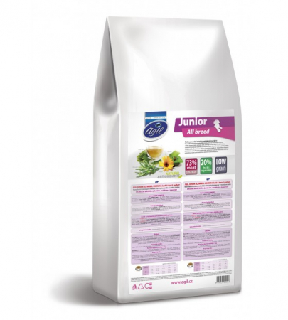 AGIL JUNIOR ALL BREED DOG 10kg - Hrana Super Premium pentru catei de toate rasele pana la varsta de 12 luni cu (min. 73%) carne de Pui , Miel , Ton ,20% fructe , legume si iaurt [1]