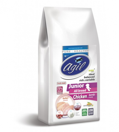Hrana Uscata - AGIL JUNIOR ALL BREED DOG 10kg - Hrana Super Premium pentru catei de toate rasele pana la varsta de 12 luni cu (min. 73%) carne de Pui , Miel , Ton ,20% fructe , legume si iaurt
