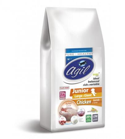 Hrana Uscata - AGIL JUNIOR LARGE & GIANT Dog 10kg - Hrana Super Premium pentru pentru cățeluși de rase mari & giant , până la vârsta de 18 luni cu (min.73%) carne de Pui, Miel , ton , 20% fructe , legume si iaurt